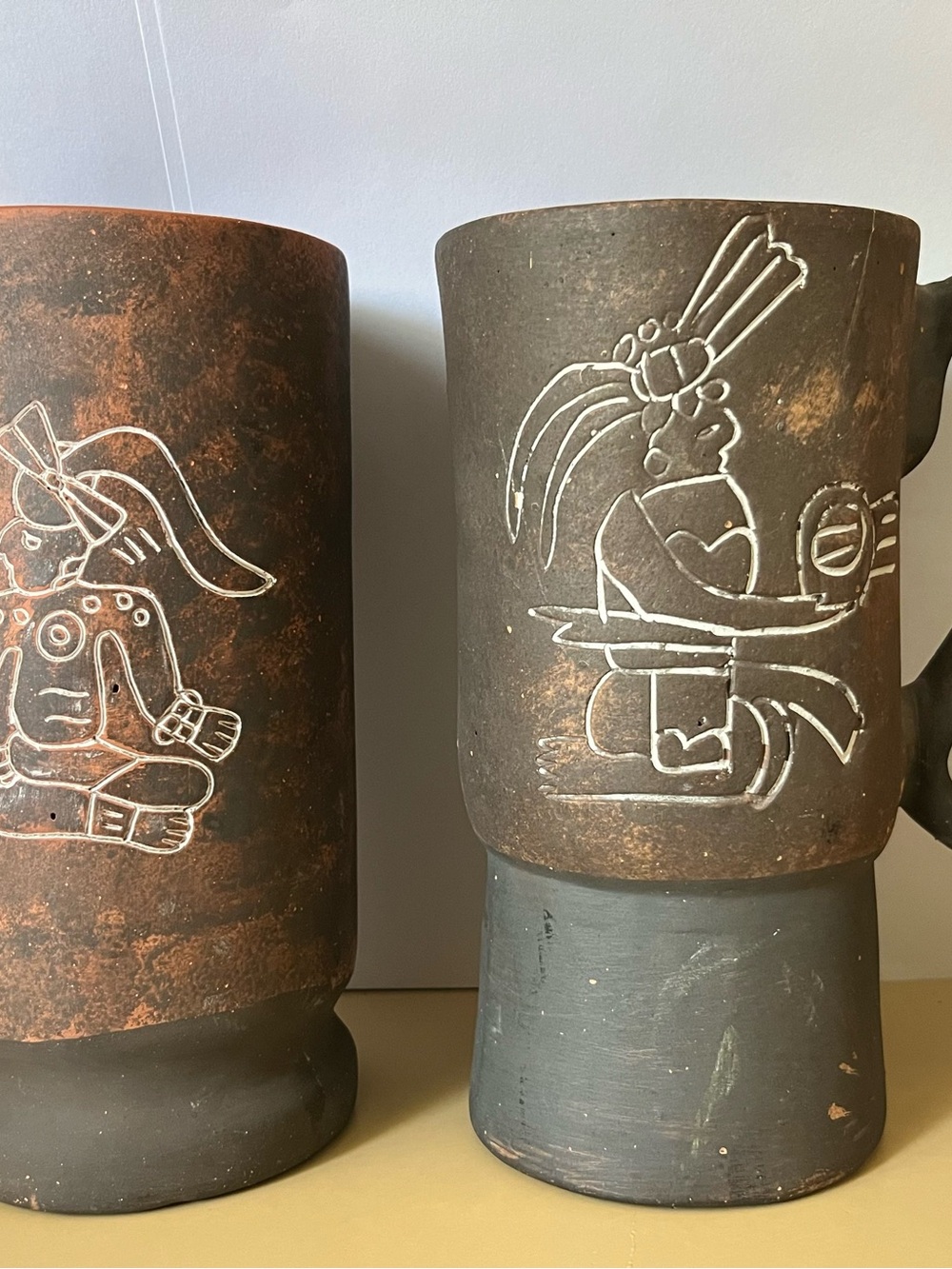 2 Vintage Popol Vuh Mayan Handcrafted Pottery Mug and Vase from Mexico